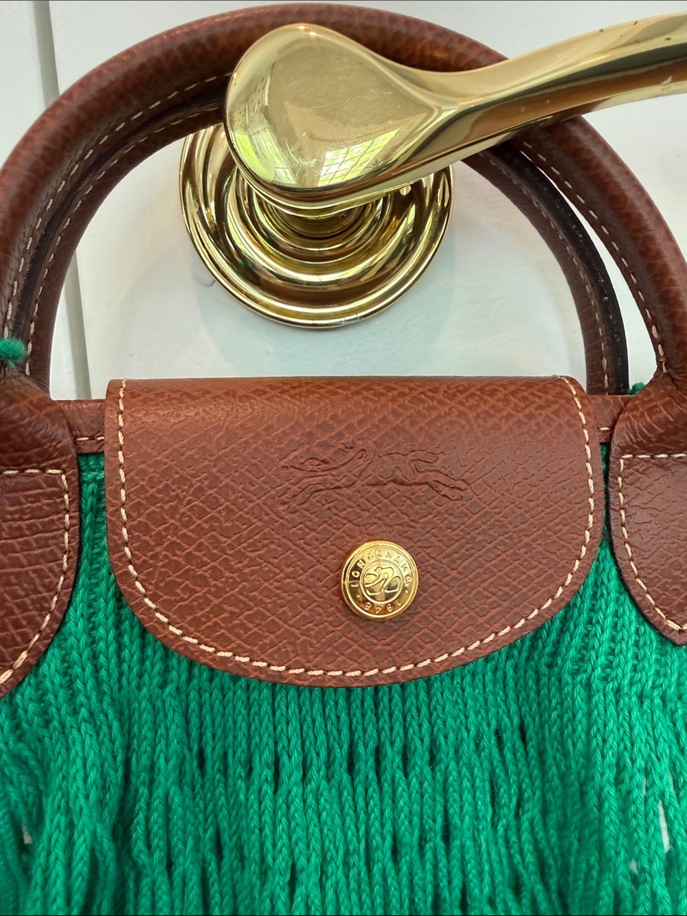 Longchamp Green Net Tote with Brown Leather Handles - Picture 3 of 5